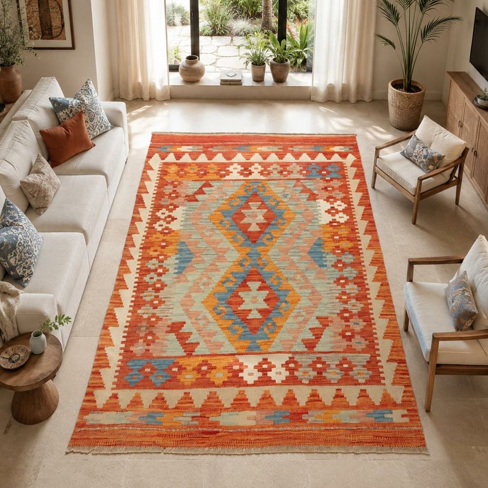 Tapis kilim 86 x 126 cm, rouge, bleu et orange, laine naturelle, kilim 45