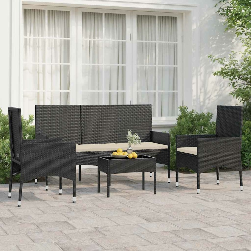 Salon de jardin 4 pcs avec coussins noir résine tressée