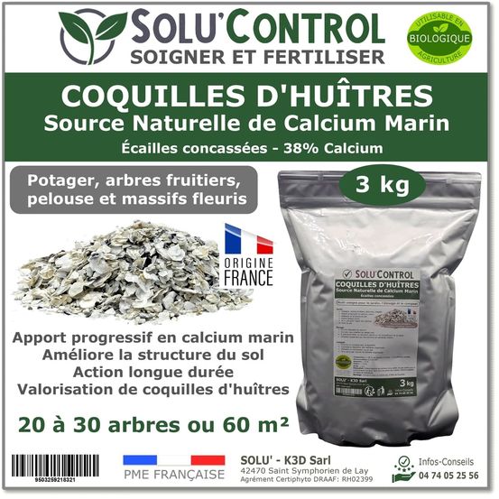 3 kg écailles de coquilles d'huîtres concassées 38% calcium - solu'control - calcium marin