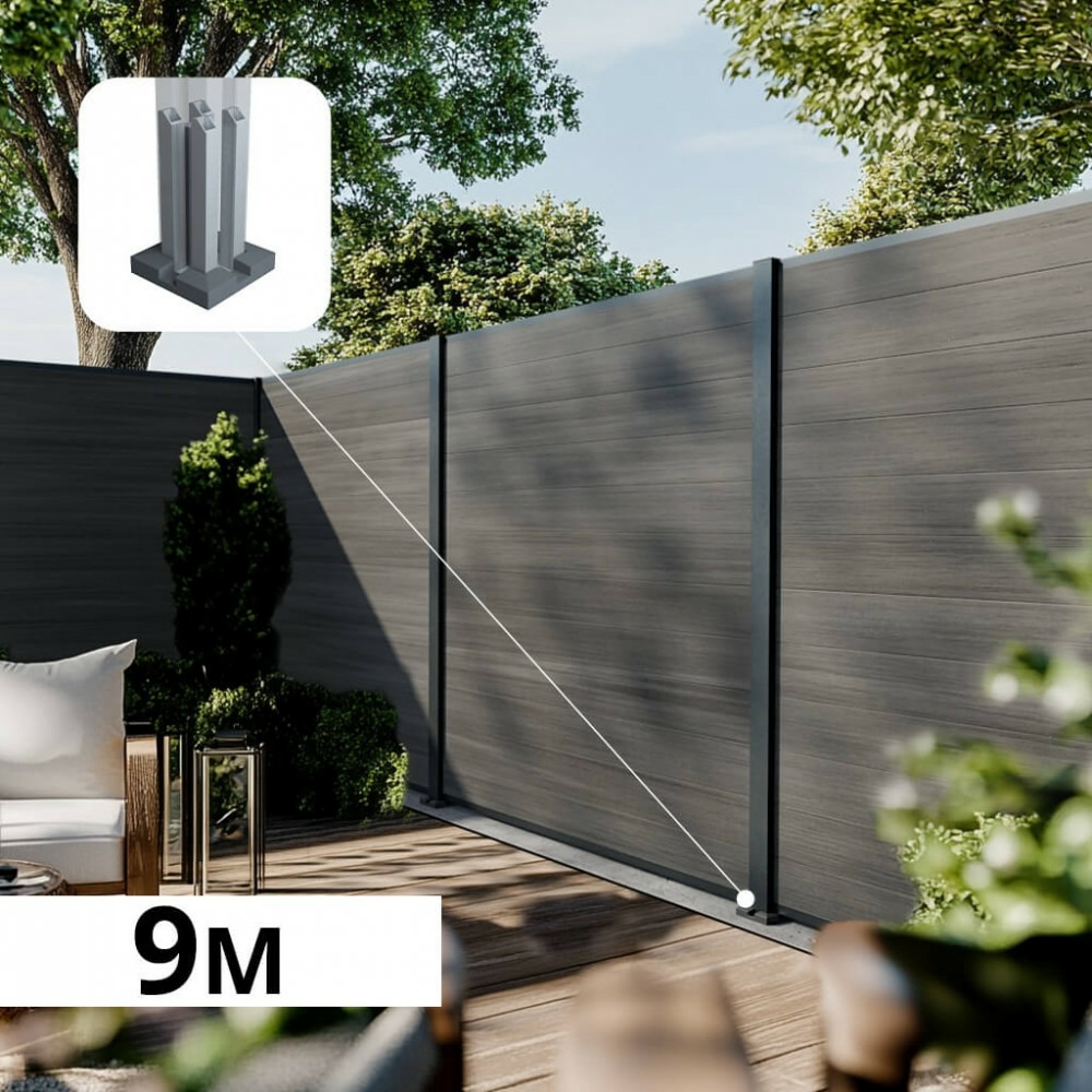 Kit clôture composite cruz ardoise 9x1,8m - bois composite & aluminium - poteaux sur platines gris - brise vue - palissade