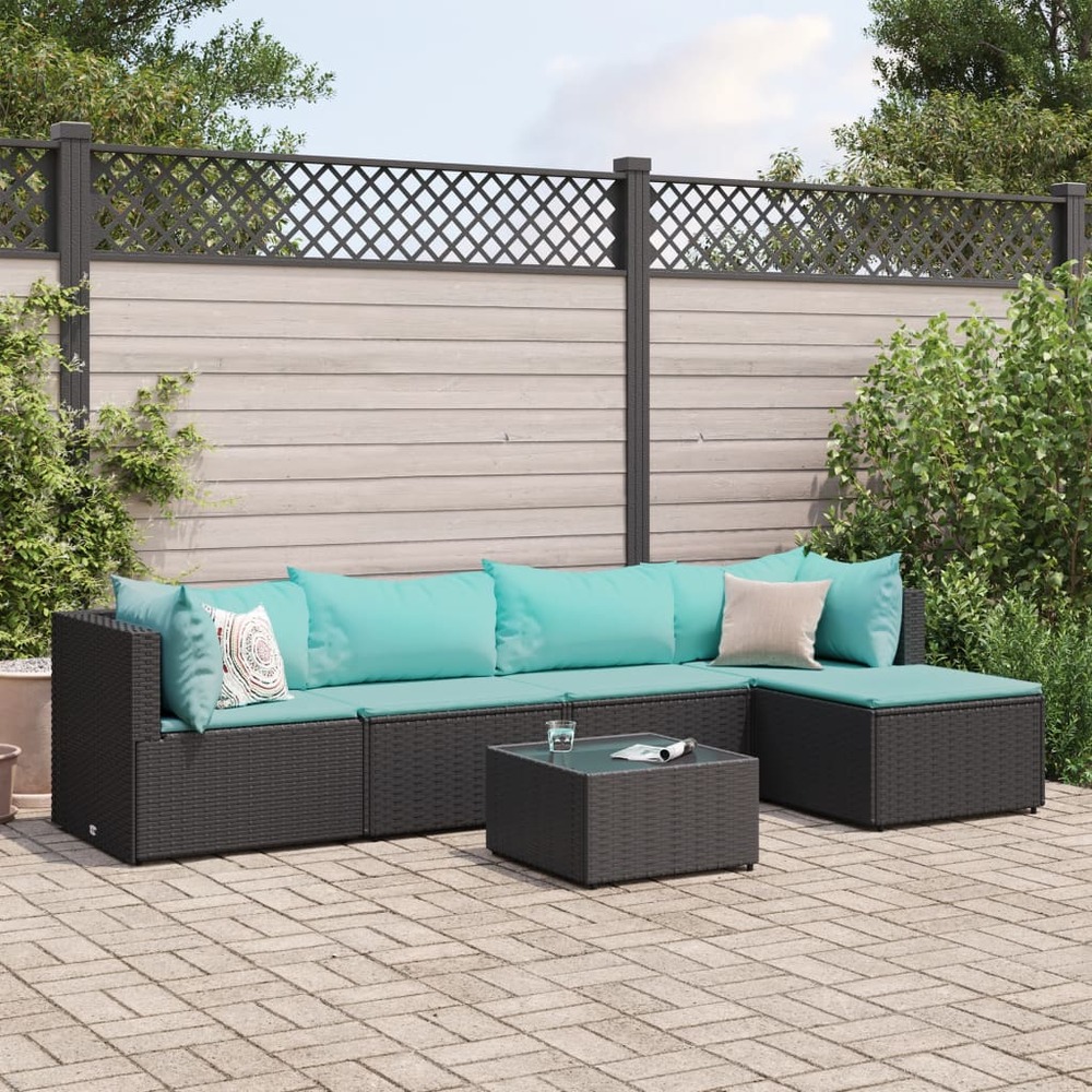 Salon de jardin 6 pcs avec coussins noir résine tressée