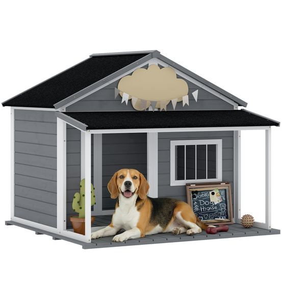 Grande niche chien extérieur sapin 124 x 112 x 105 cm gris blanc avec véranda