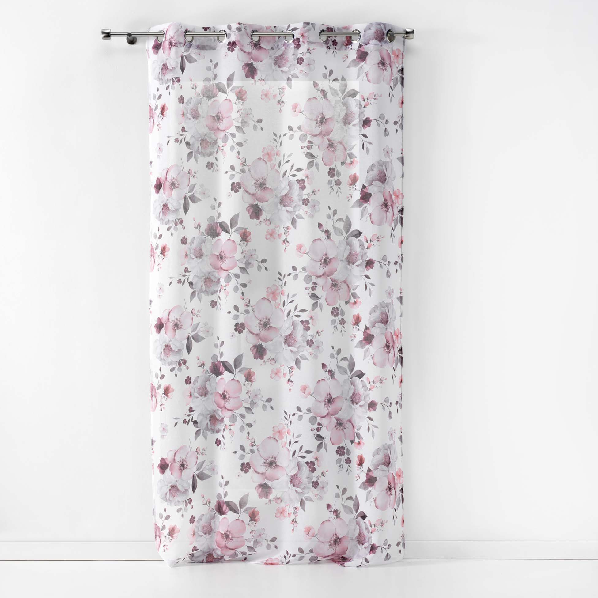 Rideau panneau a oeillets voile 140 x 280 cm bouquet de fleurs blanc