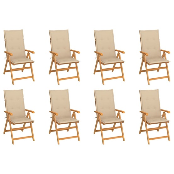 Chaises inclinables de jardin et coussins lot de 8 teck solide