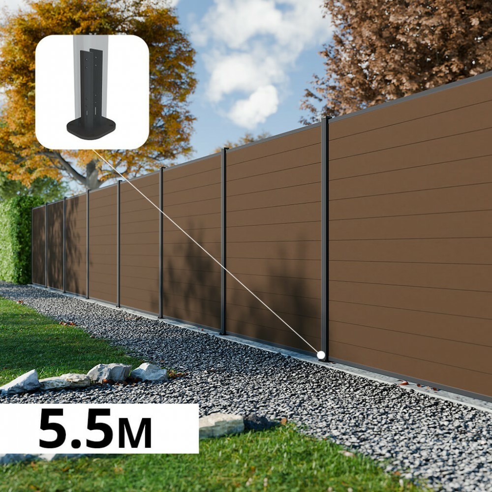 Kit clôture composite rio bronze 5,5x1,8m - bois composite & aluminium - poteaux sur platines gris - brise vue - palissade