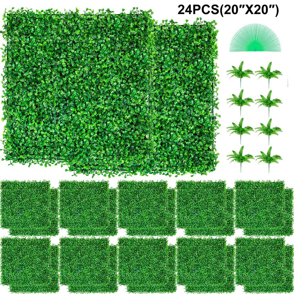 Panneaux de buis artificiels 50,8x50,8 cm, lot de 24, haie réaliste anti-uv, décoration murale intérieur extérieur