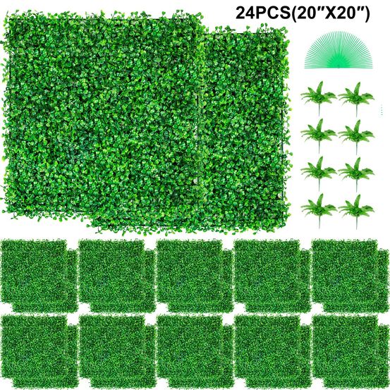 Panneaux de buis artificiels 50,8x50,8 cm, lot de 24, haie réaliste anti-uv, décoration murale intérieur extérieur