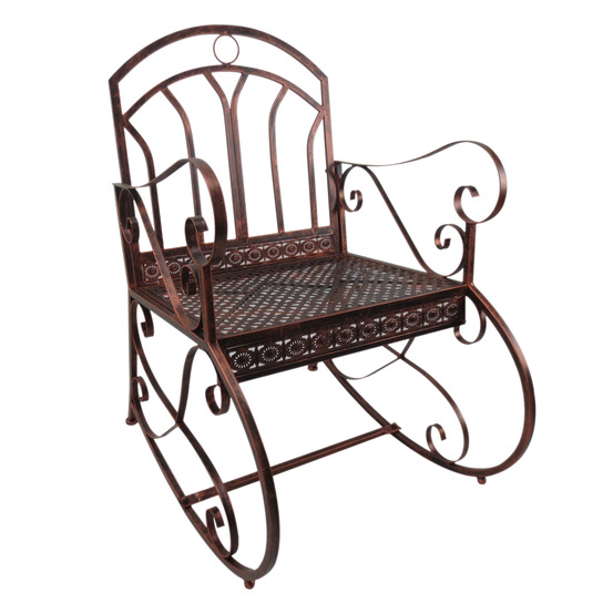 Fauteuil à bascule vintage, grand confort d'assise, en métal, rouge bronze