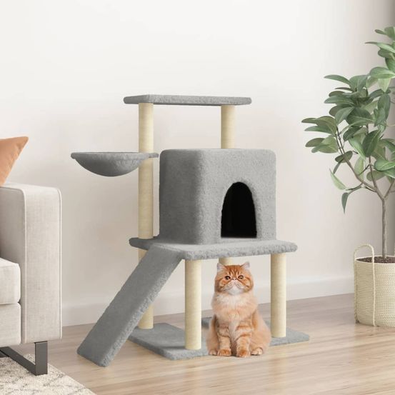 Arbre à chat complet sisal avec niche échelle et panier gris clair 96,5 cm