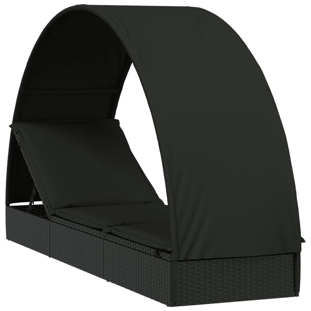 Chaise longue avec toit rond noir 211x57x140 cm résine tressée bain de soleil