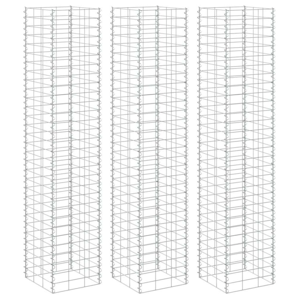 Lot de 3 hautes colonnes gabion fer résistant pour clôture ou séparation jardin argent 30x30x200cm