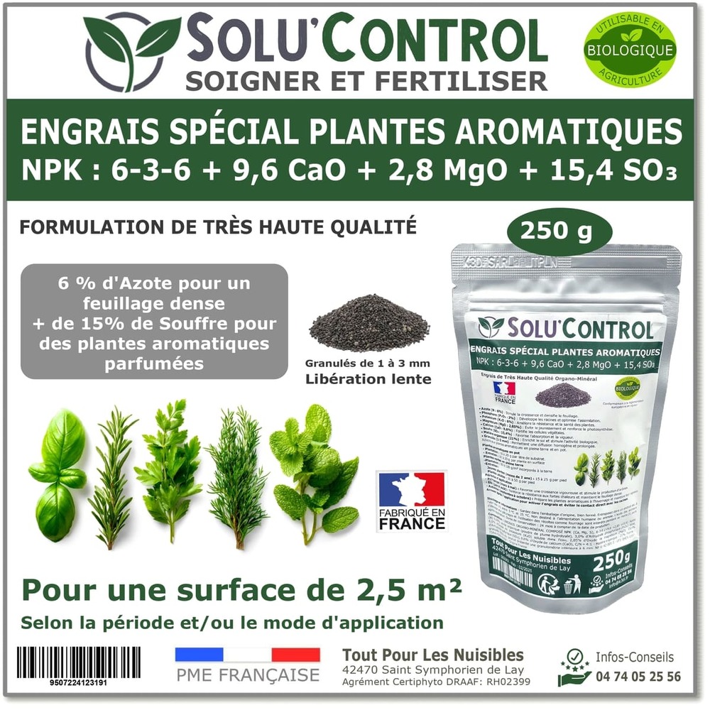 250 g - engrais spécial plantes aromatiques npk 6-3-6 favorise un feuillage dense, intensément parfumé et vigoureux - uab