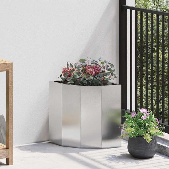 Jardinière d'angle inox pour terrasse et jardin argent 30x30x35 cm