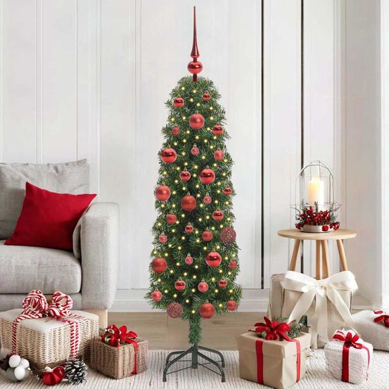 Sapin de noël artificiel vert 150 cm tout-en-un avec 150 led et 61 boules