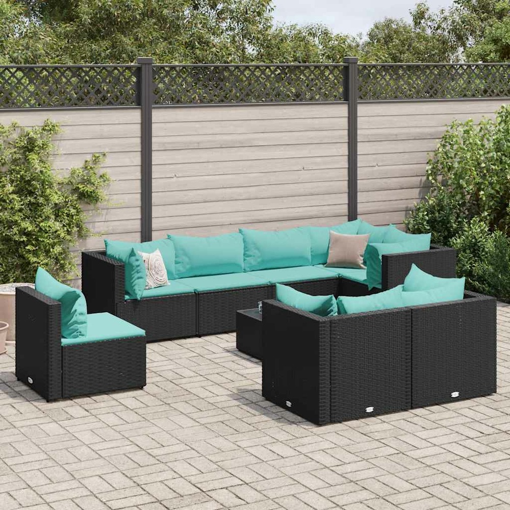 Salon de jardin 9 pcs avec coussins noir résine tressée