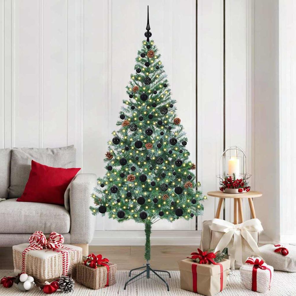 Sapin de noël royal 180cm flocqué et pré-illuminé, 120 décorations incluses