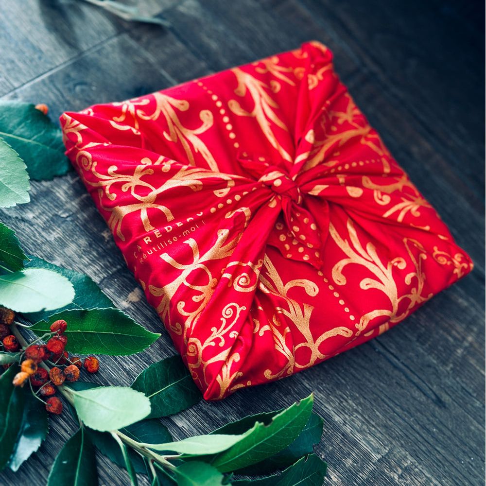 Papier cadeau réutilisable emballage furoshiki coton recyclé : chandeliere (taille s) 35x35 cm rouge coquelicot
