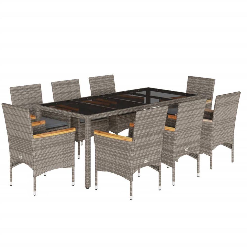 Ensemble à manger de jardin et coussins 9 pcs gris rotin verre
