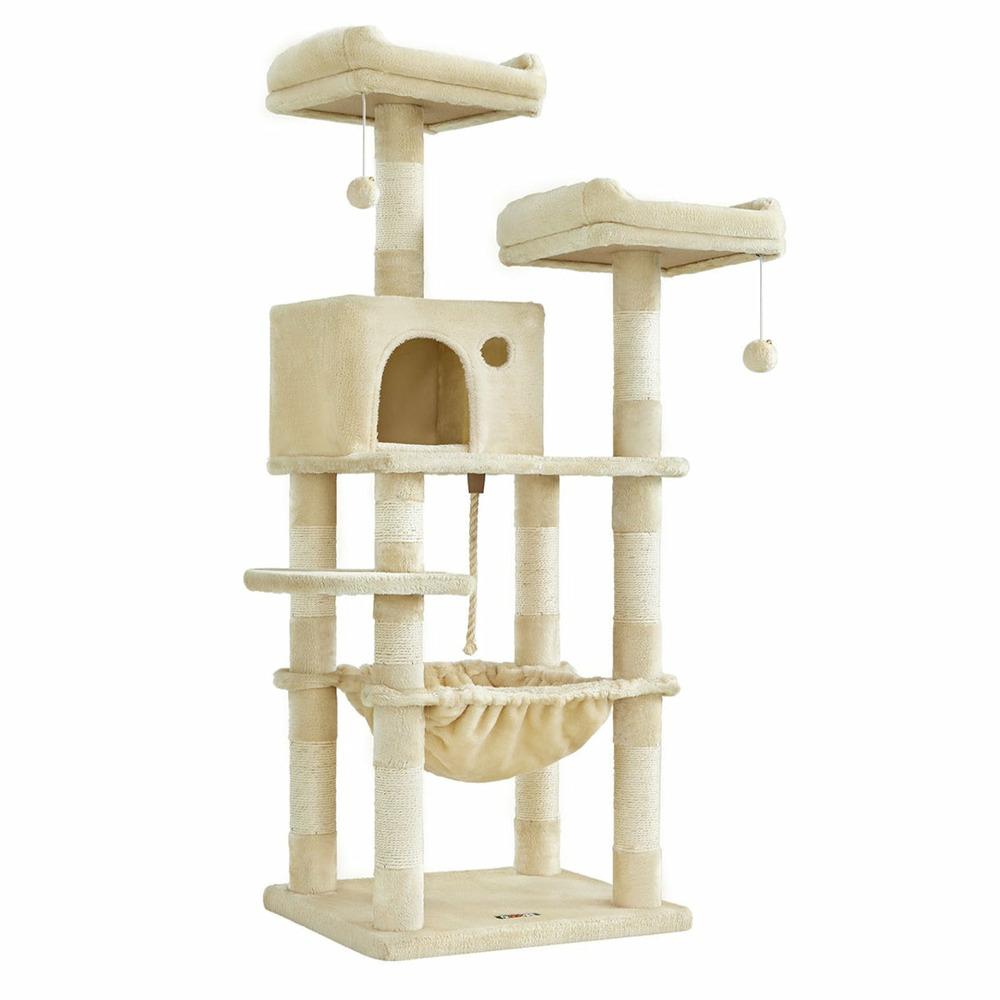 Arbre à chat stable avec niche hauteur de 143 cm gris clair