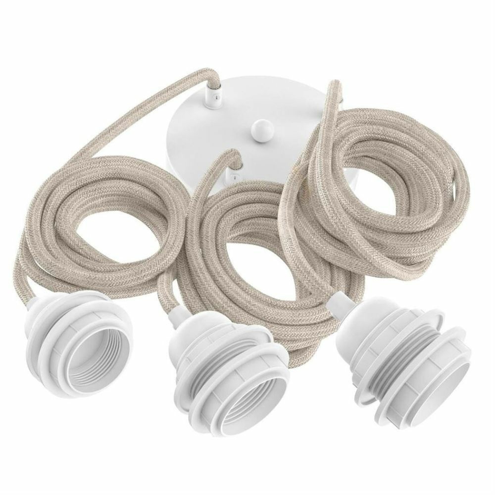 Suspension hang luminaire 3 cordes - lin brut douilles blanches