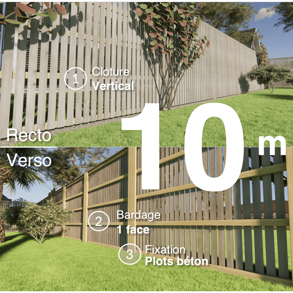 Kit clôture bois moderne 10m – h 2,3m – 20 x 70 mm autoclave gris – pose vertical – simple face – à sceller