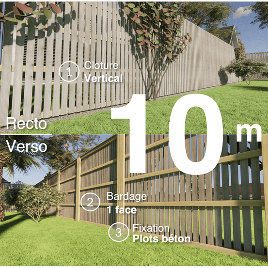 Kit clôture bois moderne 10m – h 2,3m – 20 x 70 mm autoclave gris – pose vertical – simple face – à sceller