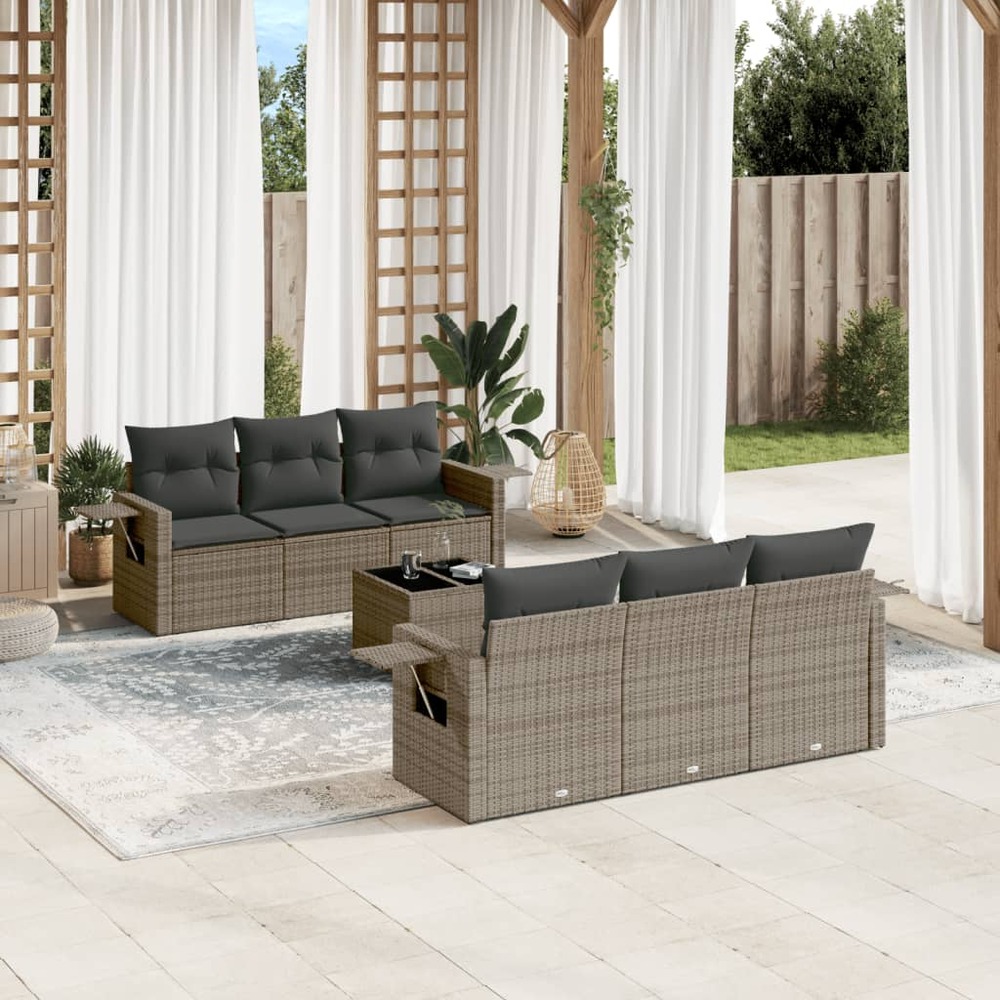 Salon de jardin avec coussins 7 pcs gris résine tressée