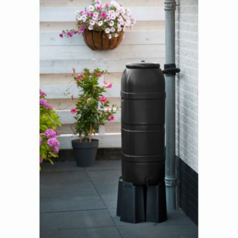 Set récupérateur d’eau 100l noir avec pied et connecteur de gouttière