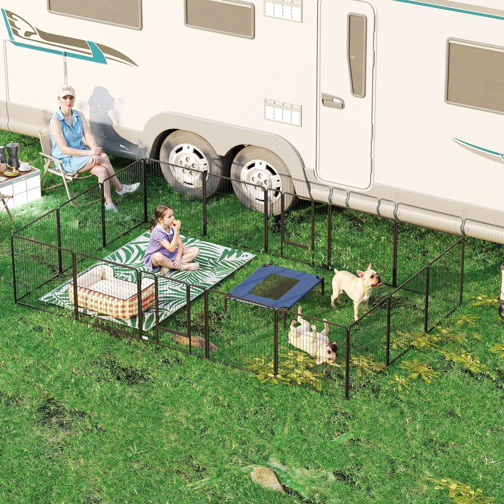 Parc pour chien en acier gris 3,2 x 3,2 x 0,8 m 16 panneaux pliables intérieur extérieur avec double verrou
