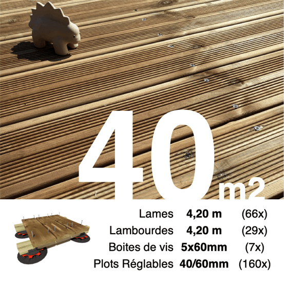 Kit complet terrasse pin autoclave marron pour 40 m², lames 4,2 m, lambourdes 4,2 m, plots réglables et visserie inox.