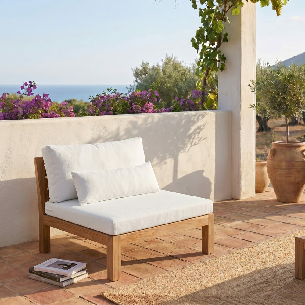 Fauteuil de jardin en teck massif et tissu blanc touquet