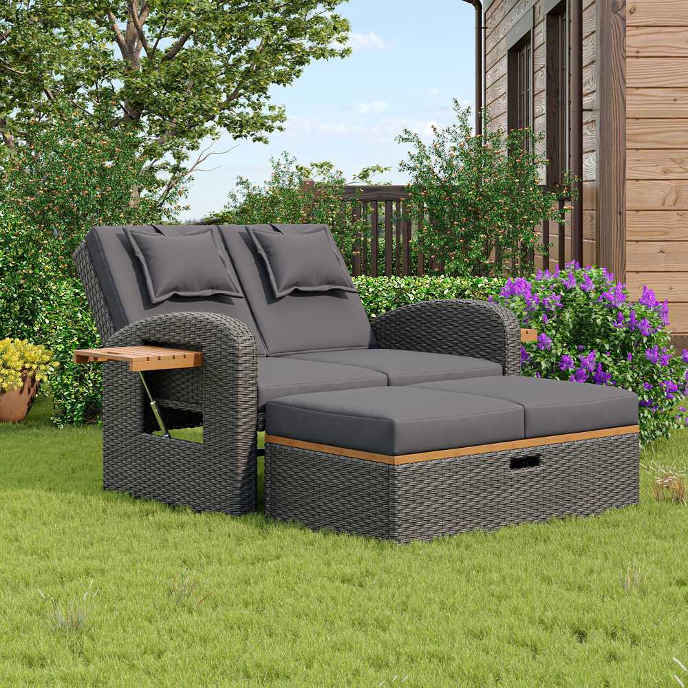 Chaises longues jardin 2 pers: rotin gris, dossier réglable, repose-pieds, coussins assise/dossier