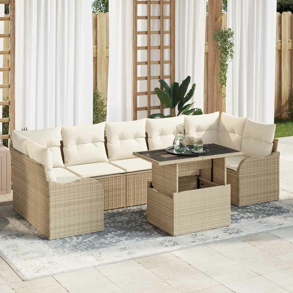 Ensemble de canapé de jardin avec coussin 8 pcs beige polyrotin