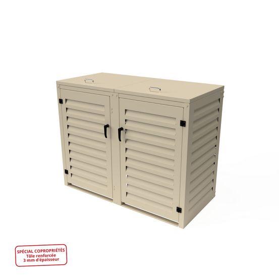 Cache poubelle double en aluminium thermolaqué spécial copropriété (3mm) - 2x360 litres - crème