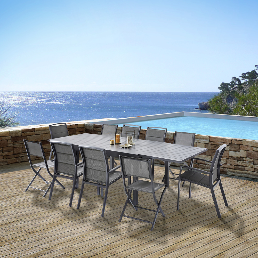 Ensemble modulo 6/10p en aluminium et 6 fauteuils en aluminium et assise textilène