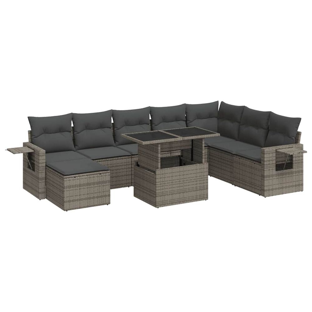 Salon de jardin 9 pcs avec coussins gris résine tressée