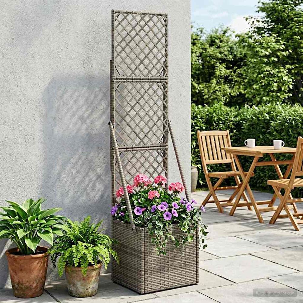 Bac à fleurs polyrotin jardin et balcon avec treillis plantes grimpantes 35x135cm gris