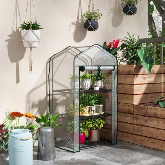 Mini serre de jardin acier et plastique 59 x 39 x 127 cm transparente 3 étagères porte zippée - comfortxl outdoor living