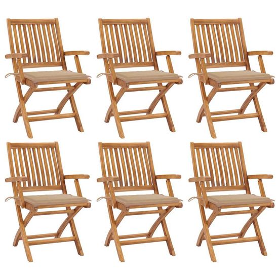 Chaises pliantes avec coussins, 6 pièces, en teck massif