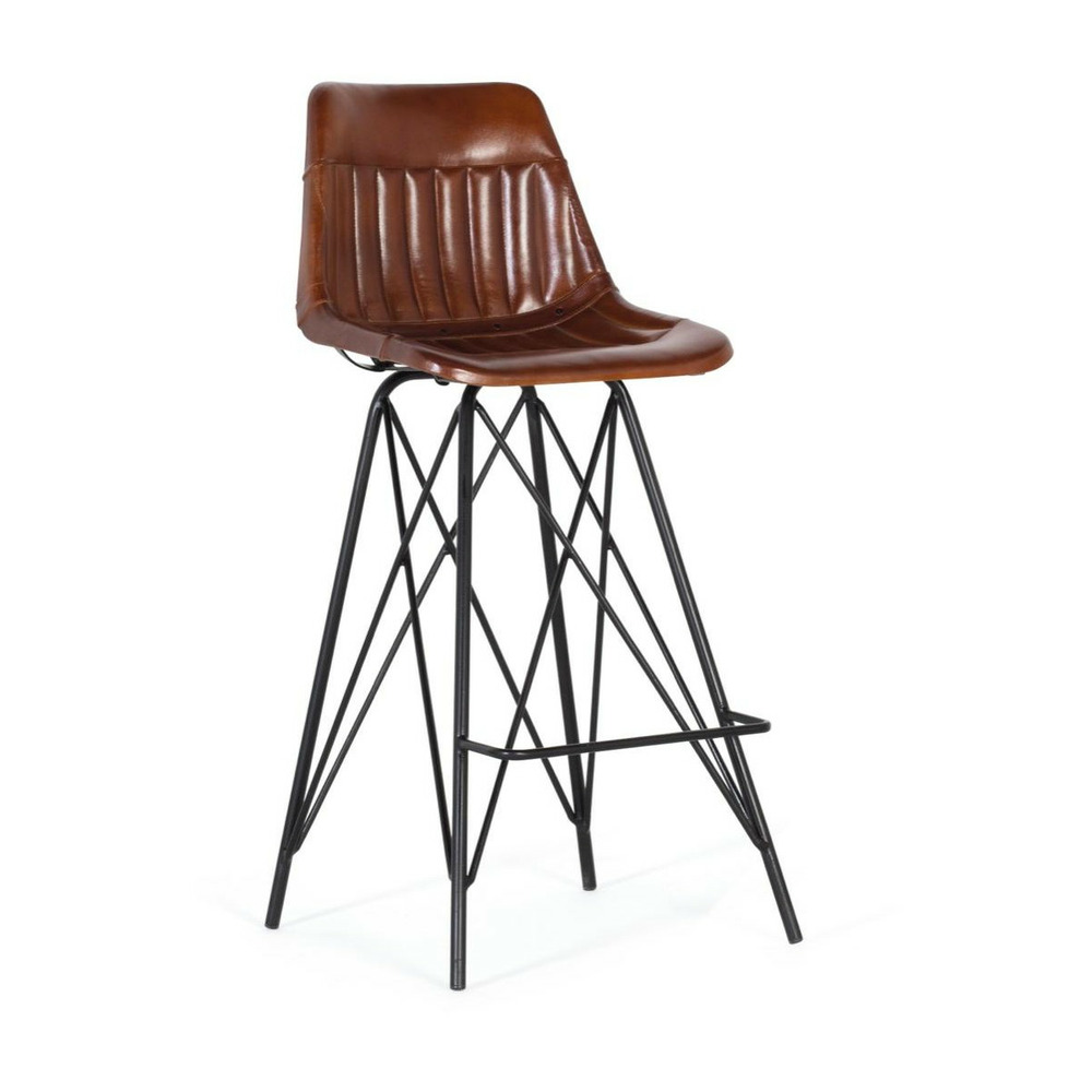 Chaise haute fer, cuir marron 48x48x100cm - fer-cuir