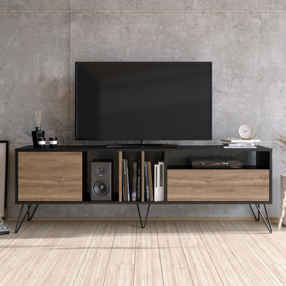 Baylee - meuble tv industriel bois et noir avec rangement 180 cm