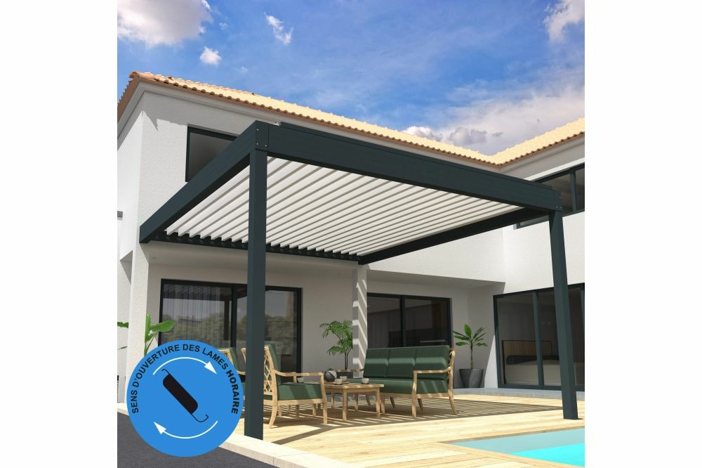 Pergola bioclimatique cocoon xl perpendiculaire horaire mixte gris anthracite / blanc 4,965x4,50m verin