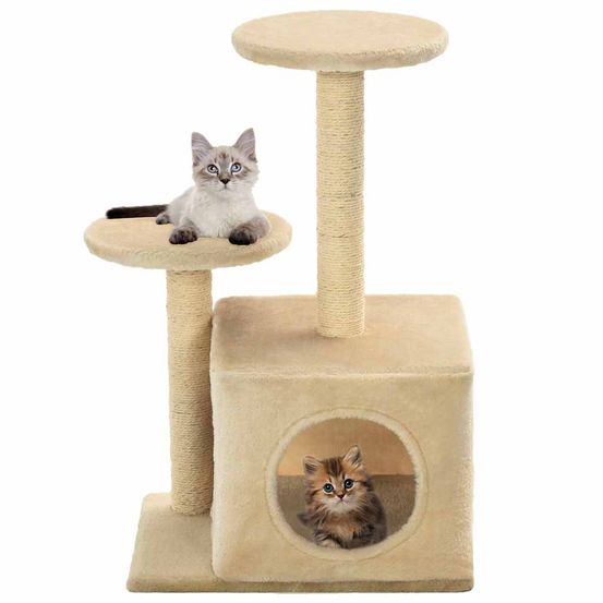 Arbre à chat compact en sisal pour chaton avec niche et plateforme 60 cm beige
