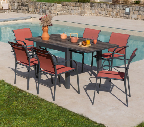 Ensemble table et chaises de jardin - 6 places - terracotta - honfleur beziers chene