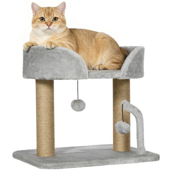 Arbre à chat compact avec panier et poteaux griffoirs en jute 42 cm gris clair