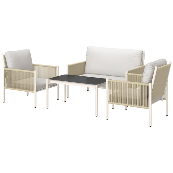 Salon de jardin polyrotin 4 places : canapé 2 places + fauteuil + table verre + coussins, marron+gris