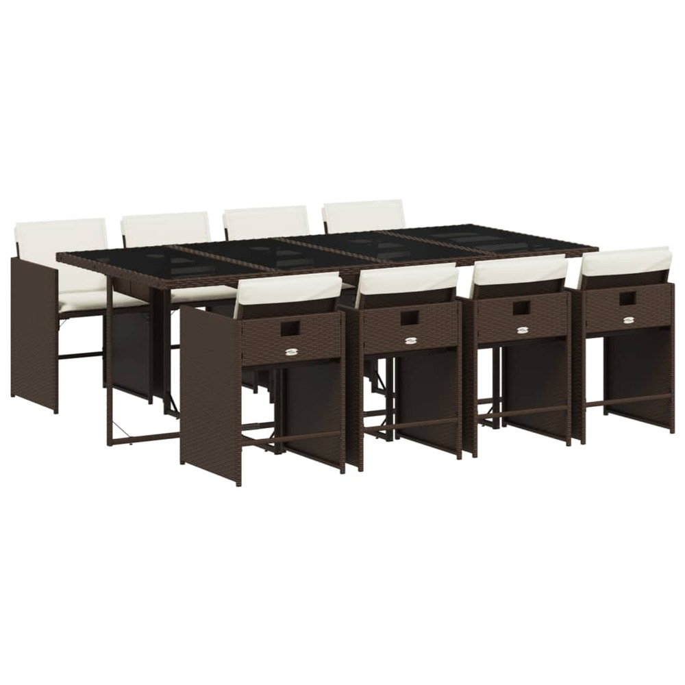 Ensemble à manger de jardin et coussins 9 pcs marron poly rotin