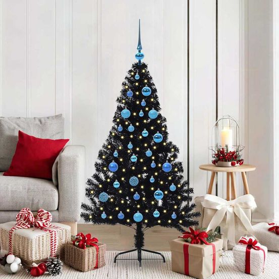 Sapin artificiel noir moderne 150 cm, kit déco complet avec lumières led chaudes