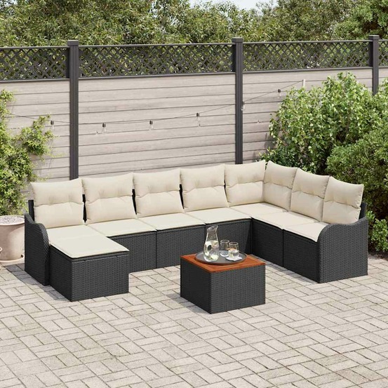 Ensemble de canapé de jardin avec coussin 9 pcs noir polyrotin