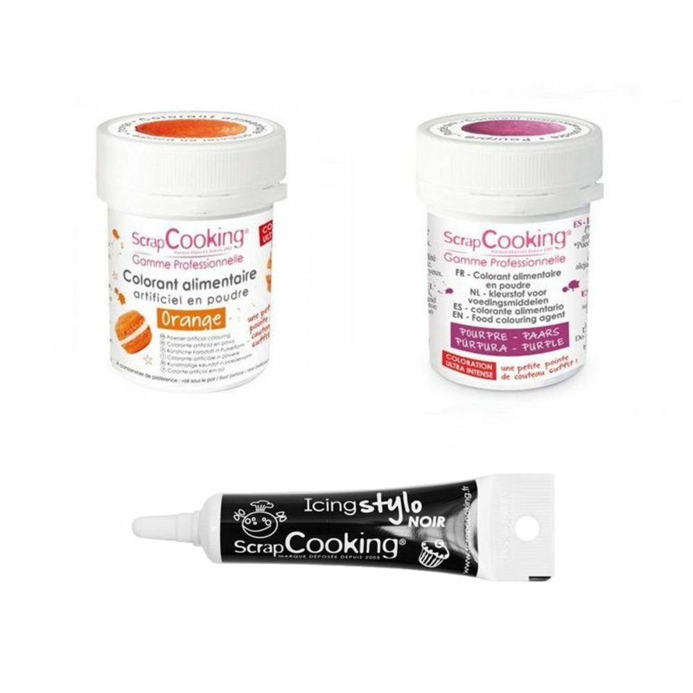2 colorants alimentaires orange-pourpre + stylo glaçage noir